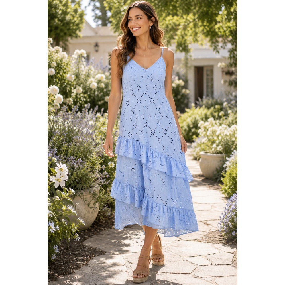 Sam Edelman Light Blue Eyelet Cotton‎ Ruffle Tiered Midi Dress Womens Size 6